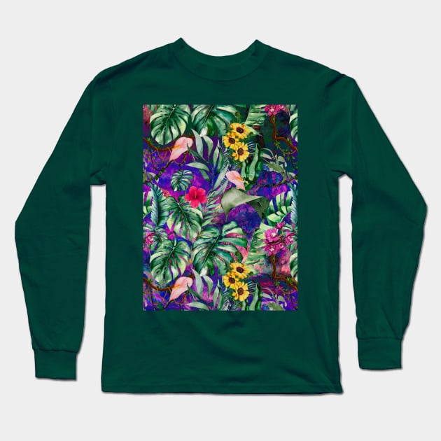 Cute tropical floral leaves botanical illustration, tropical plants,leaves and flowers, dark purple leaves pattern Long Sleeve T-Shirt by Zeinab taha